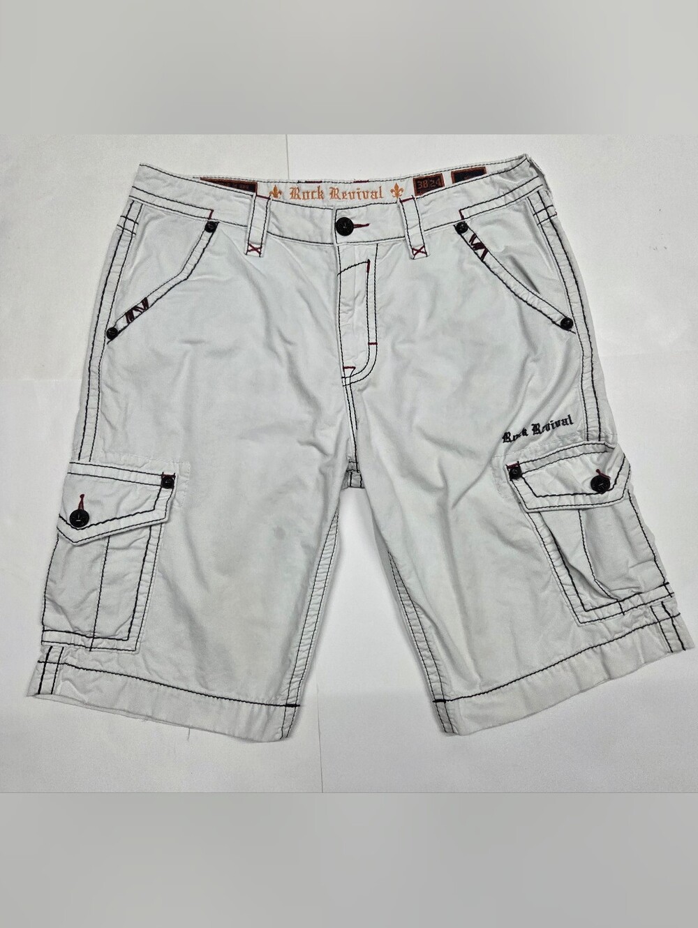Rock Revival Men’s White Cargo Shorts with Contrast Stitching Mens Size 38